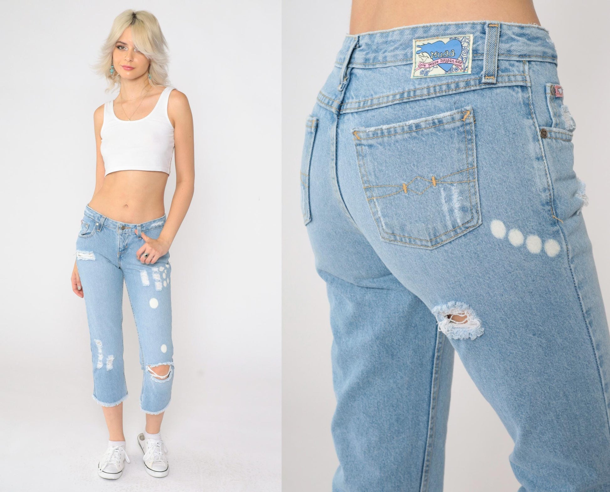 Y2K Mudd Distressed Capri Jeans Light Blue Bleach Splattered Mid Rise Size 3