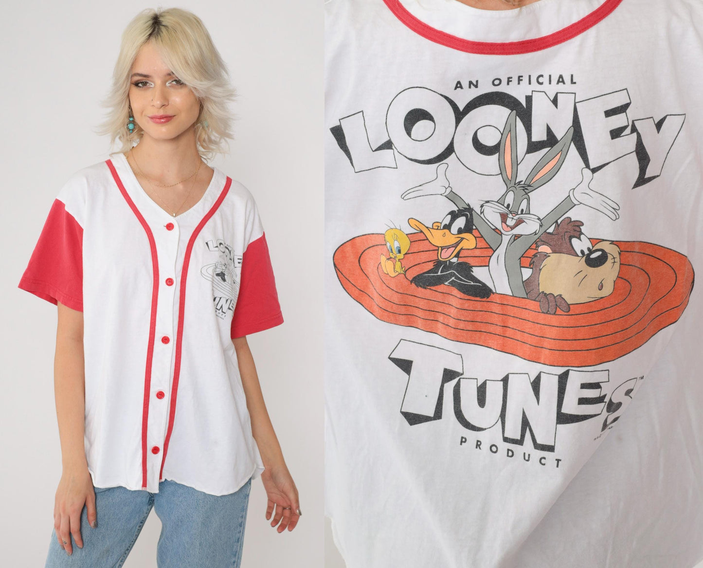 90s Looney Tunes Baseball Shirt Warner Bros Graphic Button Up Cotton Medium
