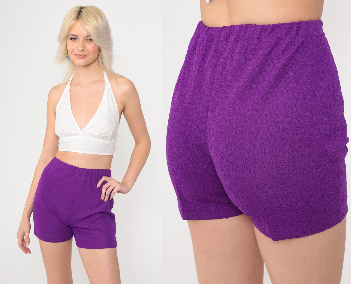 70s Purple Textured Polyester Hotpants High Rise Shorts Extra Small