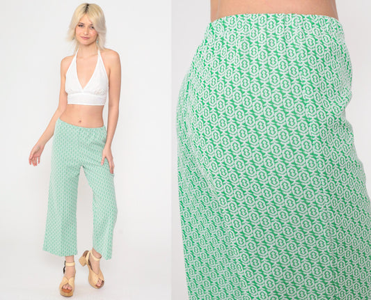 70s Green Geometric Flared Trousers High Waist Elastic Waistband Extra Small