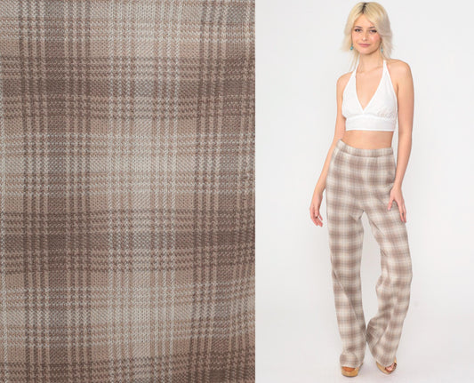 70s Plaid Flared Trousers Taupe High Waist Elastic Pants Small