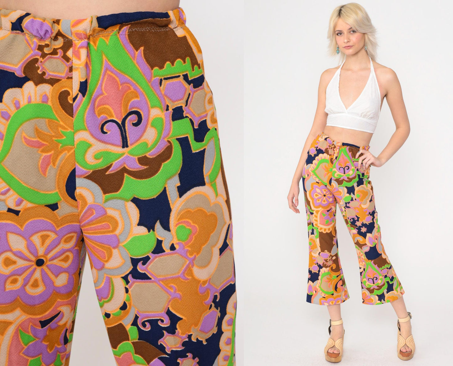 70s Psychedelic Floral Bell Bottom Pants High Waist Cropped Small