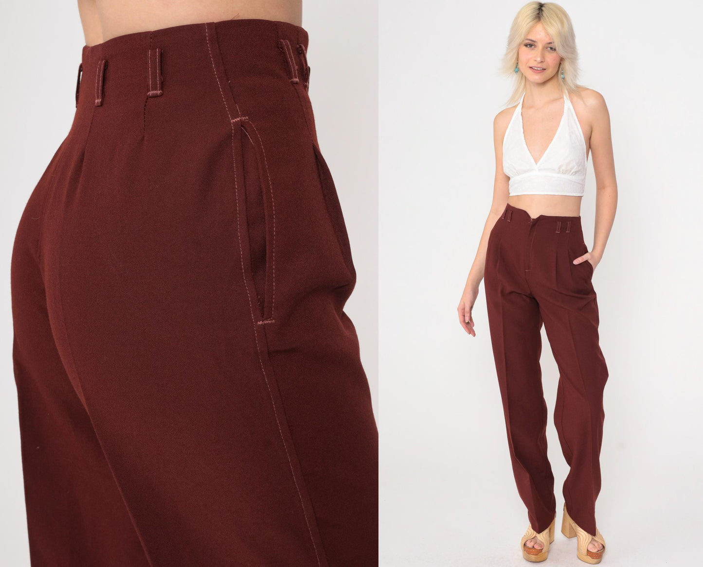 70s Ondo of California Brown Pleated High-Waist Straight Leg Trousers Small