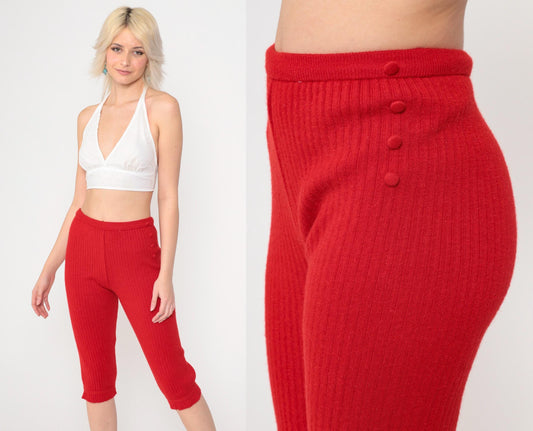 1960s Red Ribbed Knit Capri Pants High Waist Button Accent Cropped Extra Small