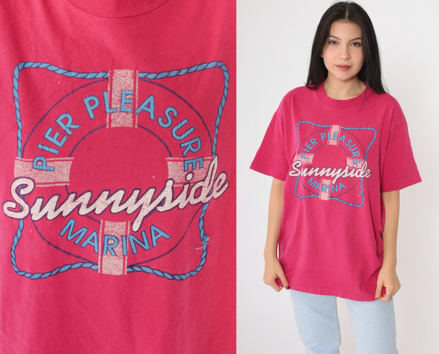 90s Pier Pleasure Sunnyside Marina Graphic T-Shirt Hot Pink Cotton Large L