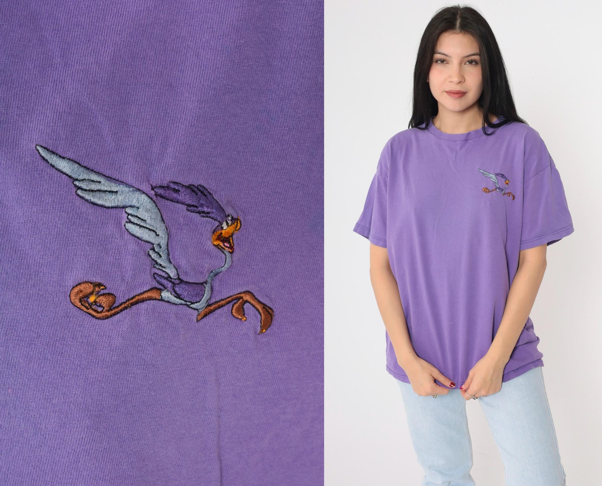 90s Looney Tunes Road Runner T-Shirt 1997 Warner Bros Embroidered Purple Large L