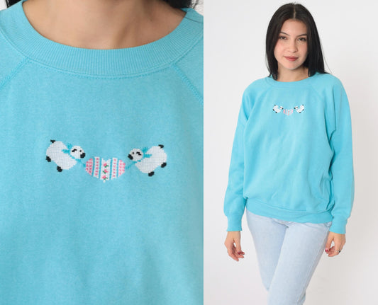 90s Blue Sheep Embroidered Sweatshirt Raglan Crewneck Medium Large