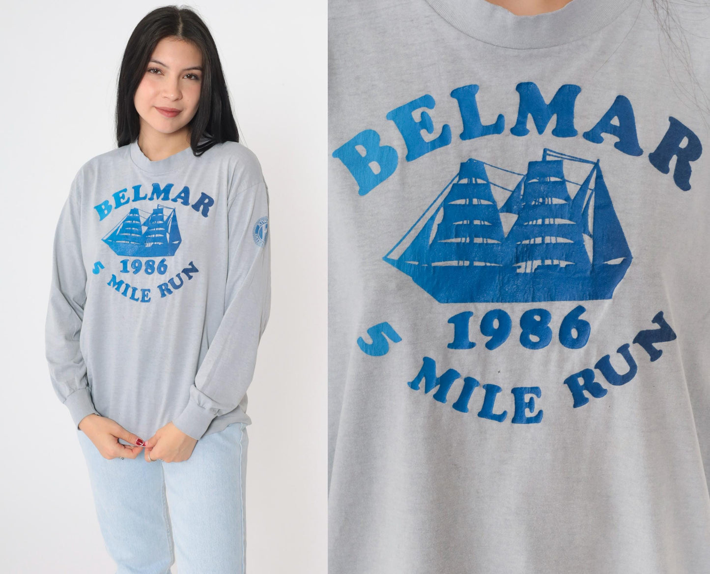 1986 Belmar 5 Mile Run Long Sleeve Graphic Tee Grey Sailboat Medium Large