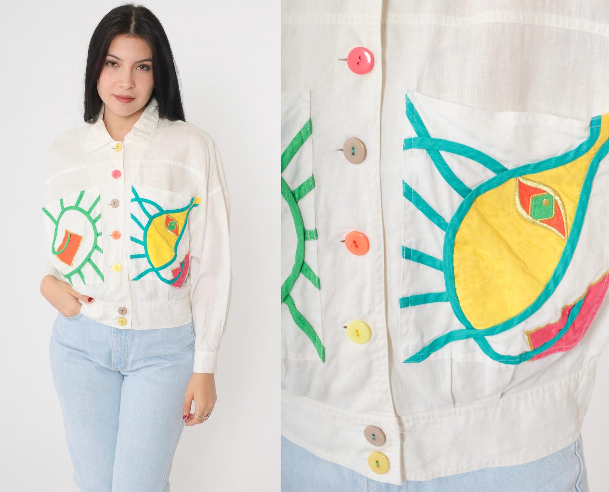 90s Ann Tian Kenar Linen Jacket Abstract Geometric Cropped Button-Up Medium Petite