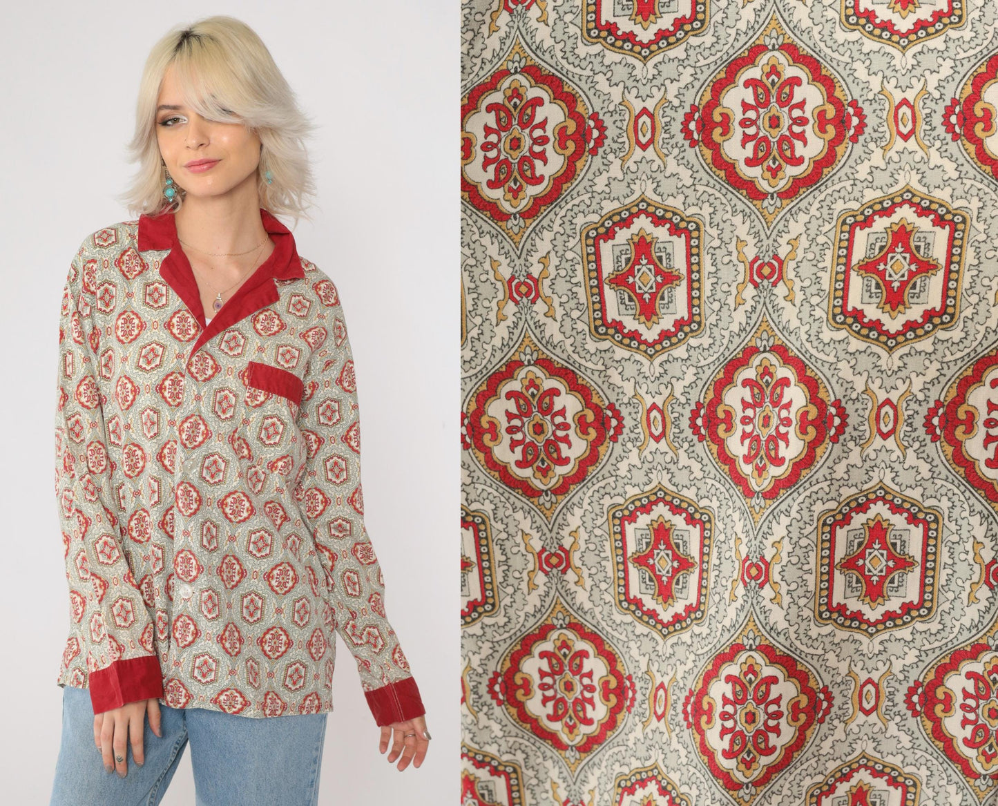 70s Towncraft Pajama Shirt Geometric Button Up Grey Red Medium