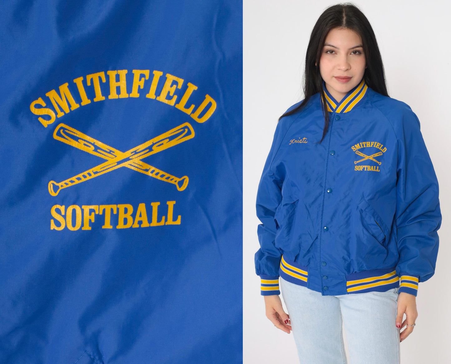 80s Smithfield Softball Bomber Jacket Blue Nylon Snap Kristi Medium