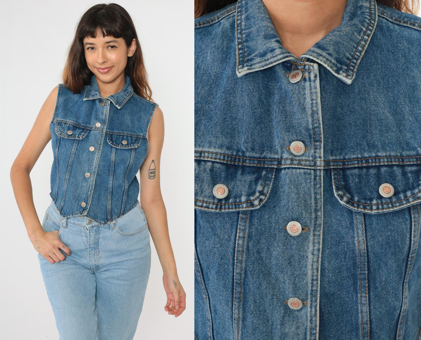 90s Blue Denim Cropped Vest Sleeveless Button-Up Jean Top Medium