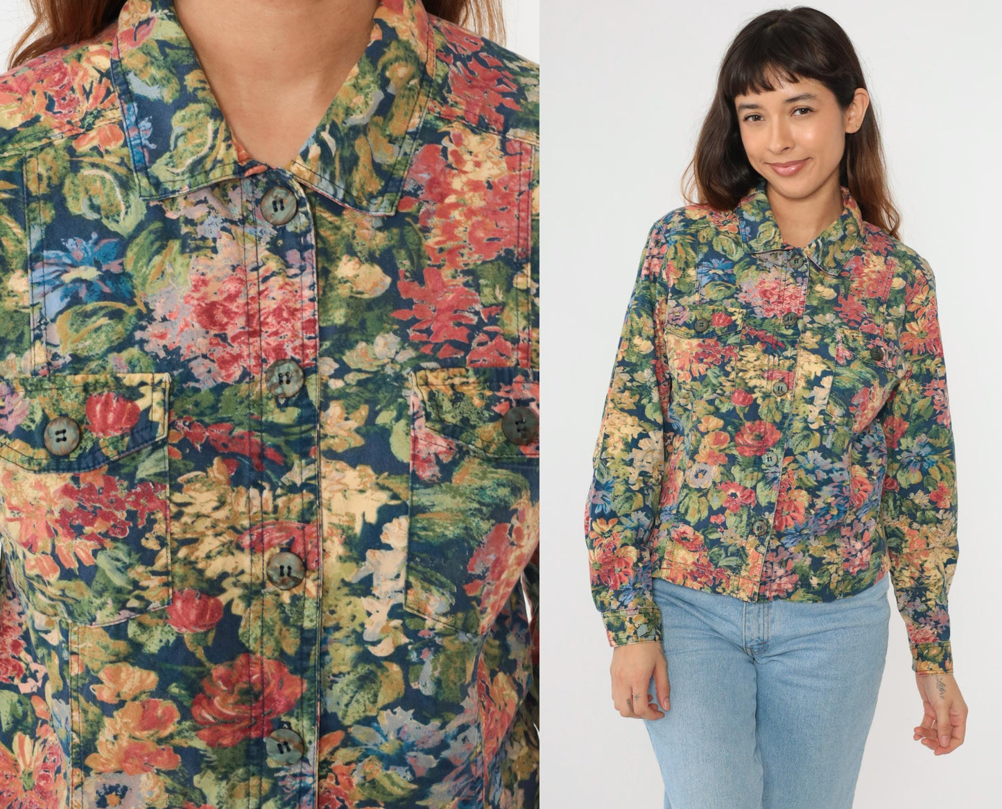 Y2K Coldwater Creek Floral Button-Up Blouse Long Sleeve Multicolor Print Medium