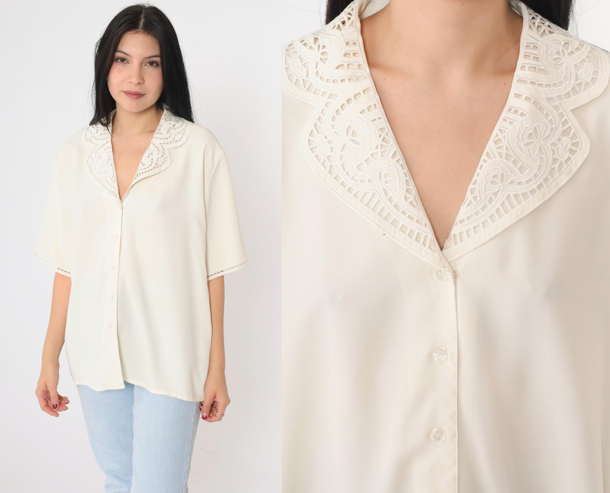 90s Worthington Off-White Embroidered Cutwork Button-Up Blouse Short Sleeve Extra Large XL