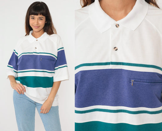90s Jantzen Striped Polo Shirt White Blue Green Collared Short Sleeve Large L