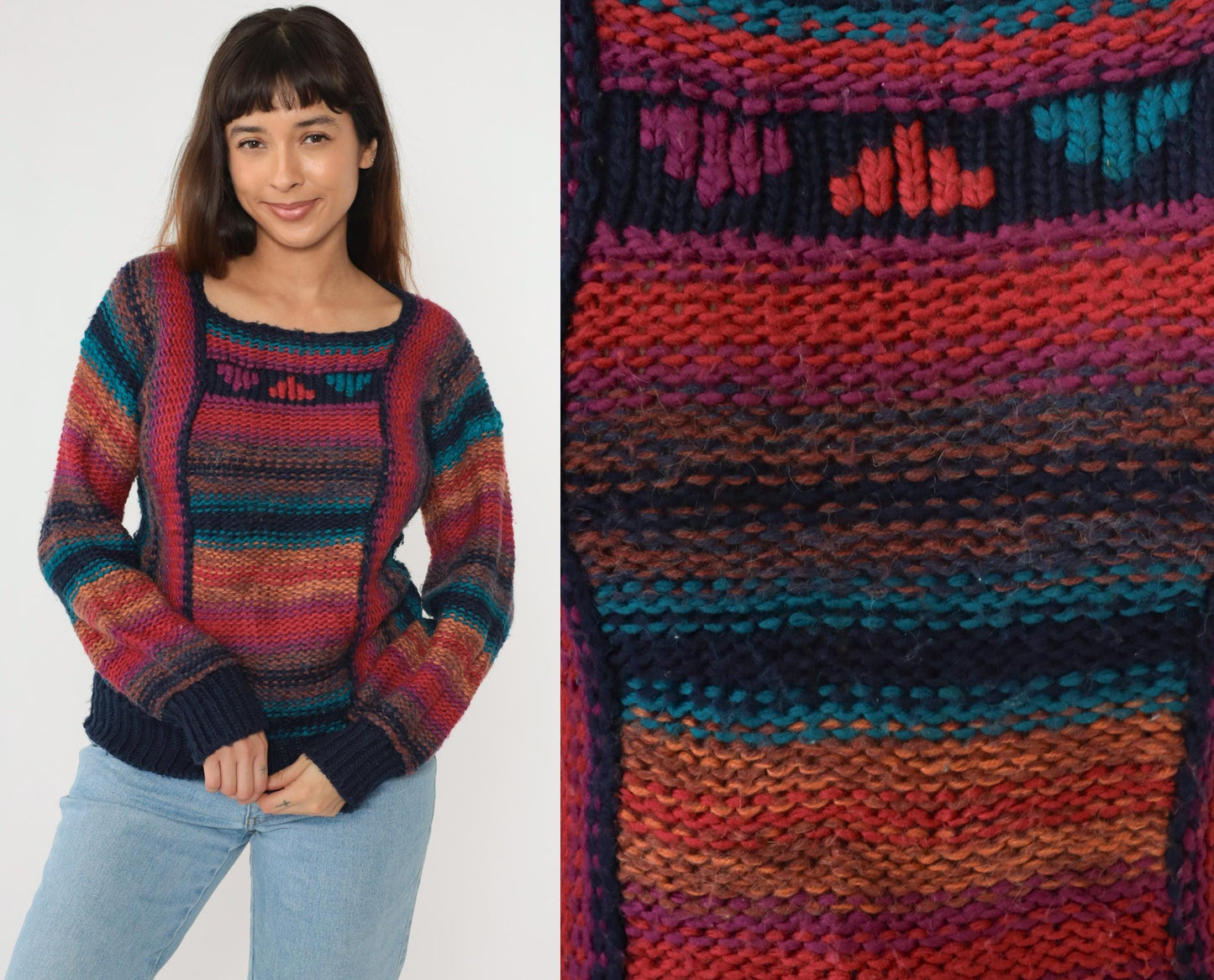 80s Striped Knit Sweater Rainbow Horizontal Stripes Balloon Sleeve Small