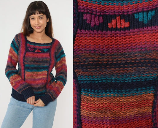 80s Striped Knit Sweater Rainbow Horizontal Stripes Balloon Sleeve Small