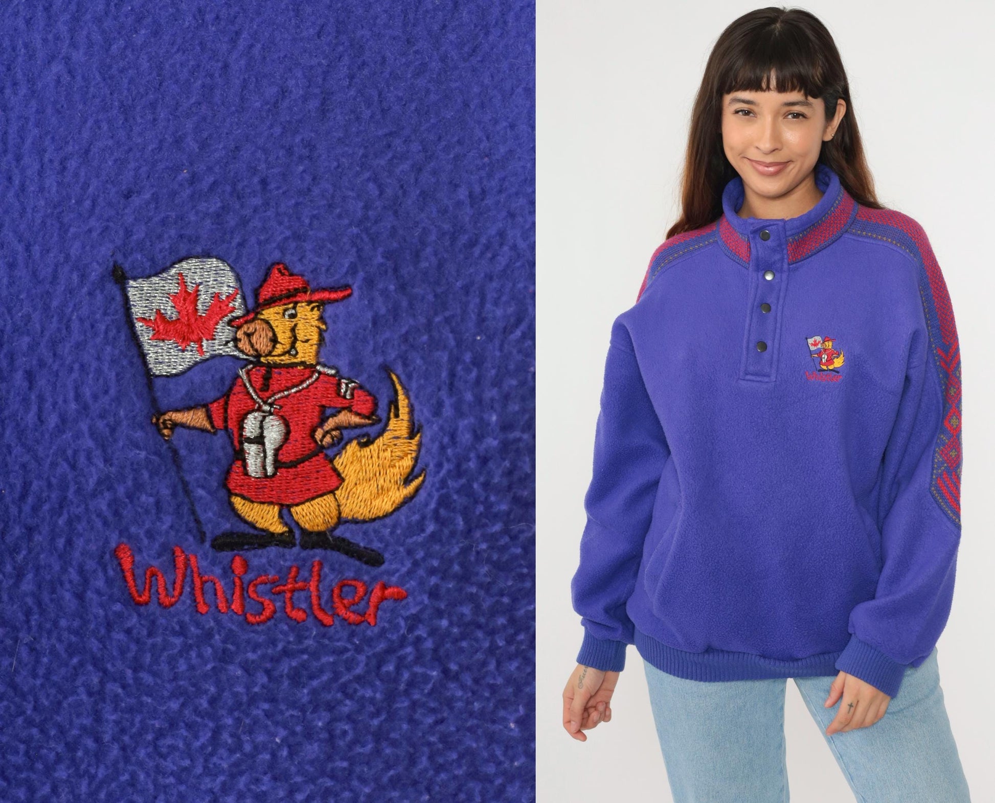 90s Whistler Fleece Sweatshirt Purple Nordic Trim Snap Neck Medium M
