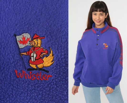 90s Whistler Fleece Sweatshirt Purple Nordic Trim Snap Neck Medium M
