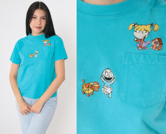 90s Nickelodeon Rugrats Graphic T-Shirt Tommy Angelica Turquoise Cotton XS