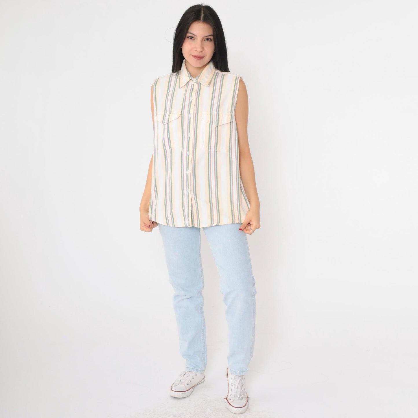 90s Westport Striped Cotton Tank Top Multicolour Chest Pocket Collar Medium M