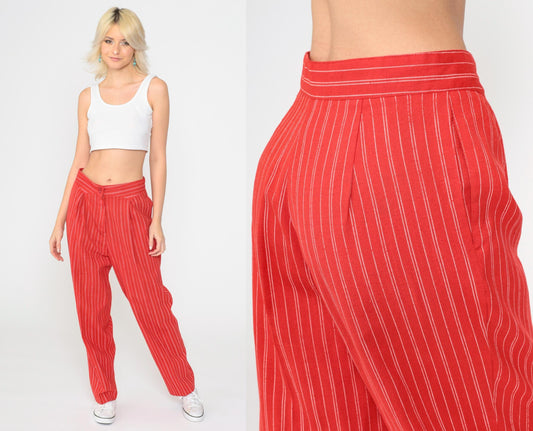 80s Red Pinstripe Pleated High-Waisted Trousers Tapered Leg Small