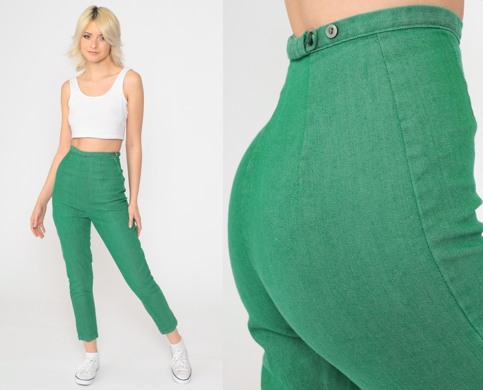 60s Kelly Green High-Waisted Slim Trousers Side Zip Ankle Extra Small