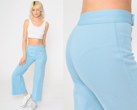 70s Baby Blue Polyester High Waist Bell Bottom Flared Trousers Small
