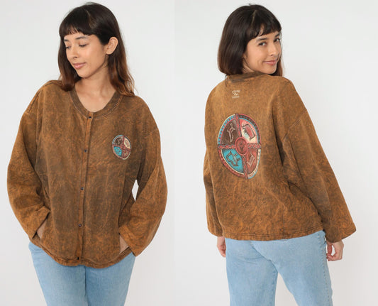 90s Stone Aged Rockwear Southwestern Cardigan Brown Animal Snap Shirt Medium Large