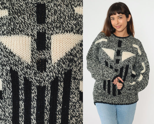 80s Michael Gerald Marled Knit Sweater Geometric Black White Crewneck Medium M