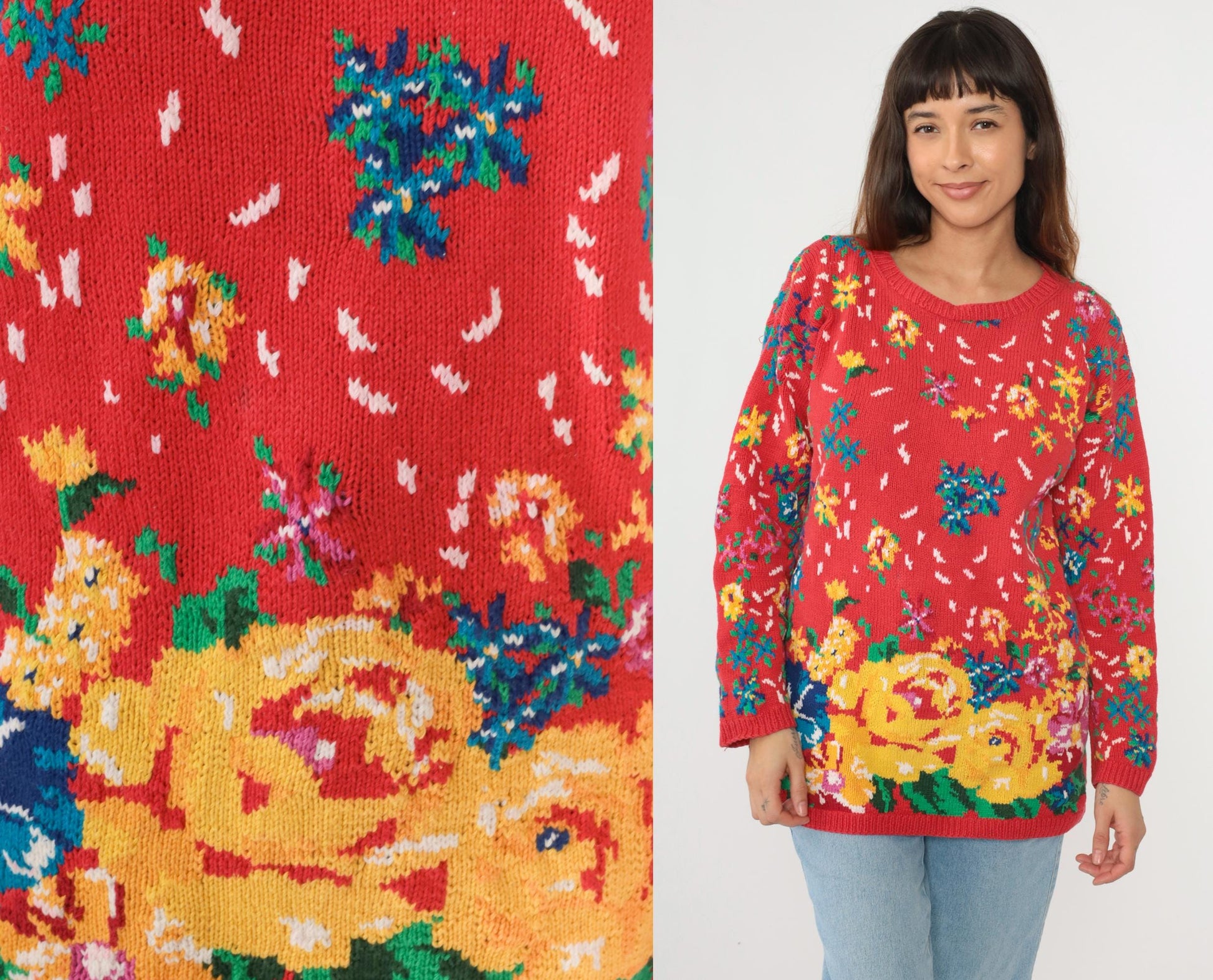 90s Adrienne Cittadini Red Floral Cotton Knit Sweater Crewneck Medium M