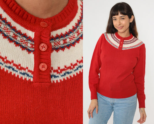 70s Icelandic Geometric Yoke Sweater Red Henley Knit Pullover Extra Small