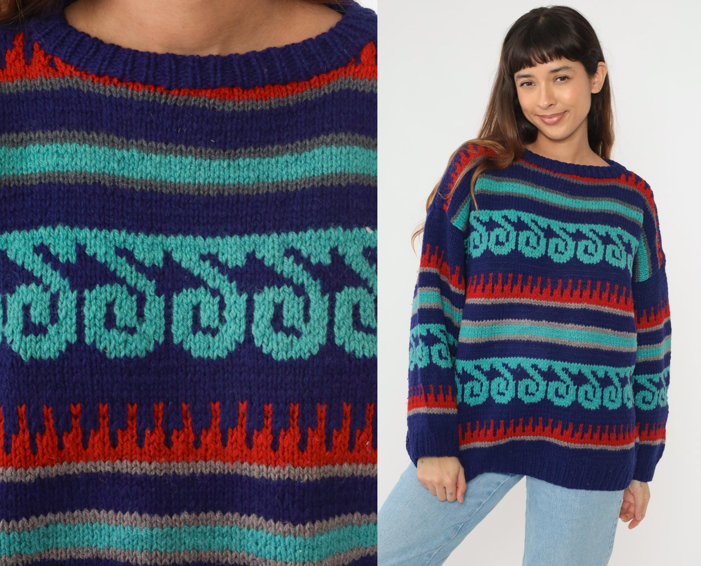 90s Geometric Wool Sweater Estonian Striped Crewneck Blue Turquoise Red Extra Large XL