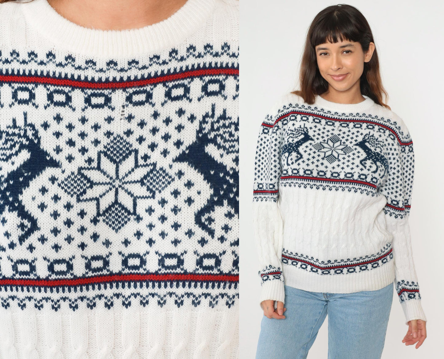 80s Reindeer Fair Isle Sweater White Nordic Snowflake Crewneck Medium