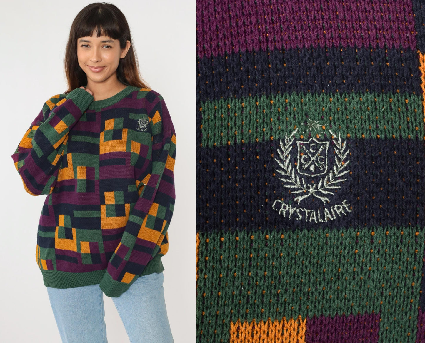 90s Izod Club Crystalaire Geometric Pullover Green Yellow Purple Cotton Large L