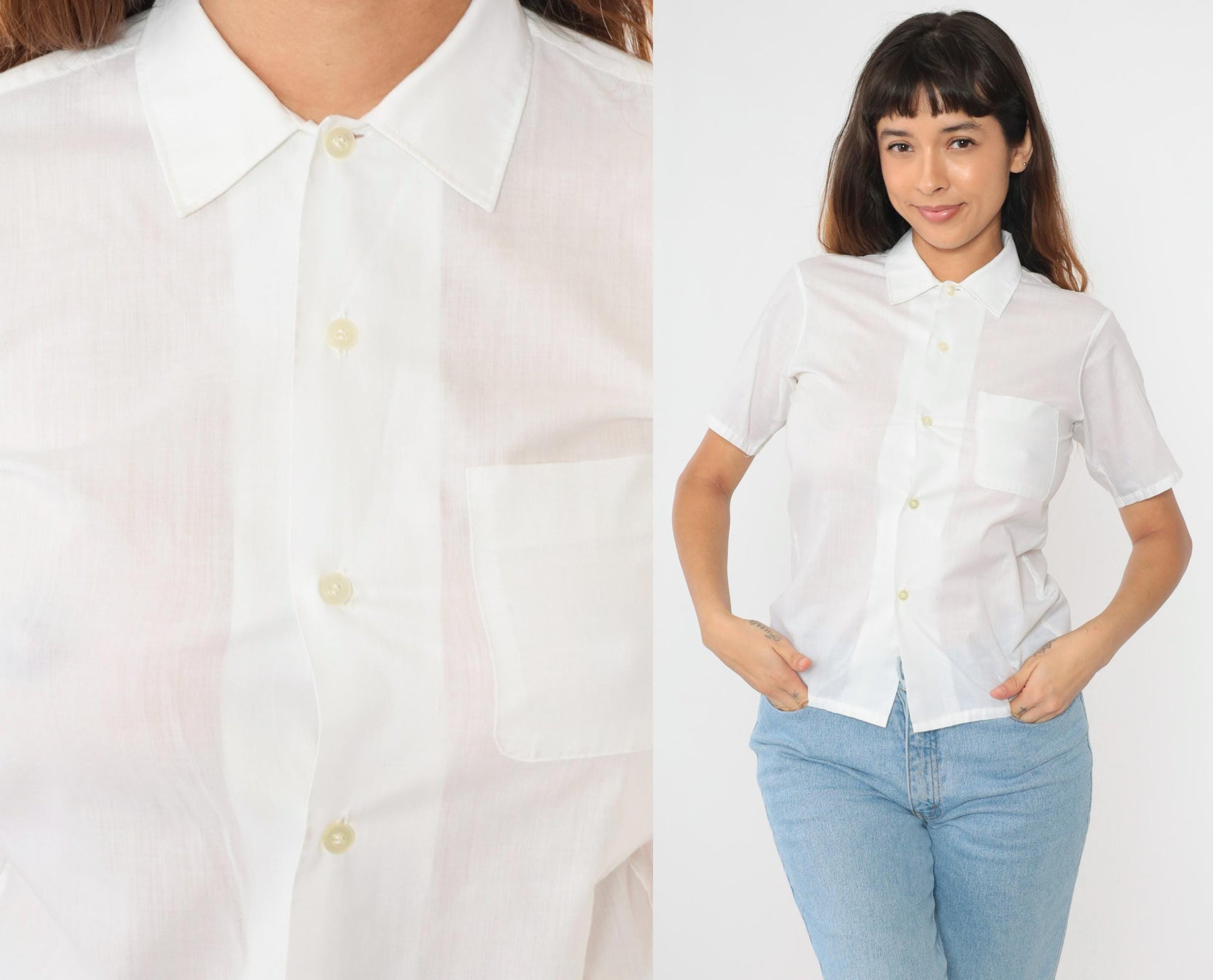 70s White Button Up Shirt Pointed Collar Chest Pocket Short Sleeve Extra Small