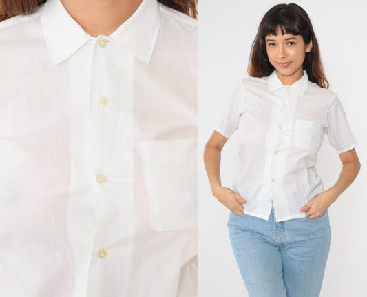 70s White Button Up Shirt Pointed Collar Chest Pocket Short Sleeve Extra Small