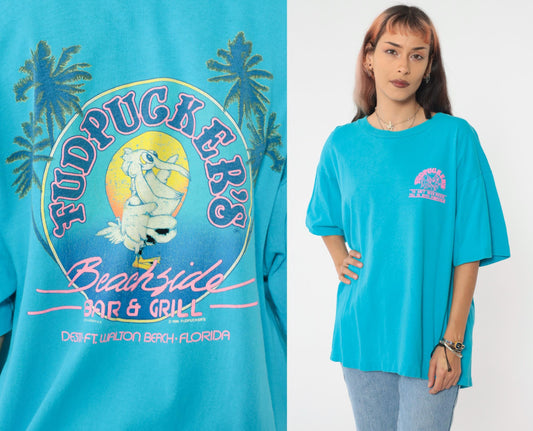 90s Fudpucker's Beachside Bar Grill Turquoise Graphic Tee Pelican Extra Large XL