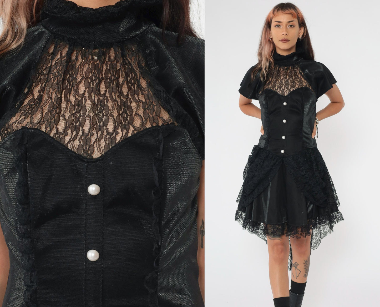 Y2K Black Lace Corset Dress Sweetheart Neckline Asymmetrical Mini Small S