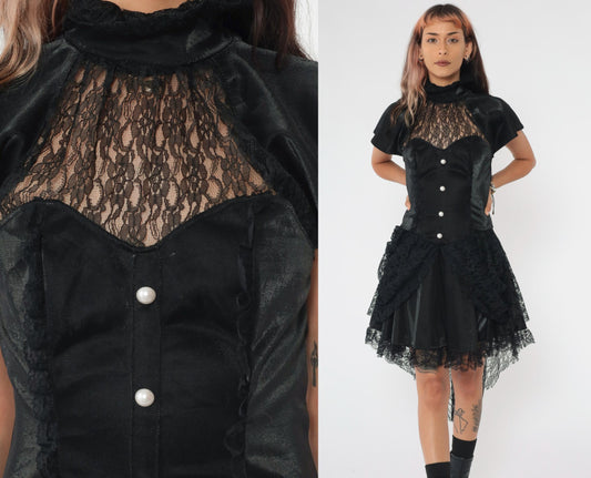 Y2K Black Lace Corset Dress Sweetheart Neckline Asymmetrical Mini Small S