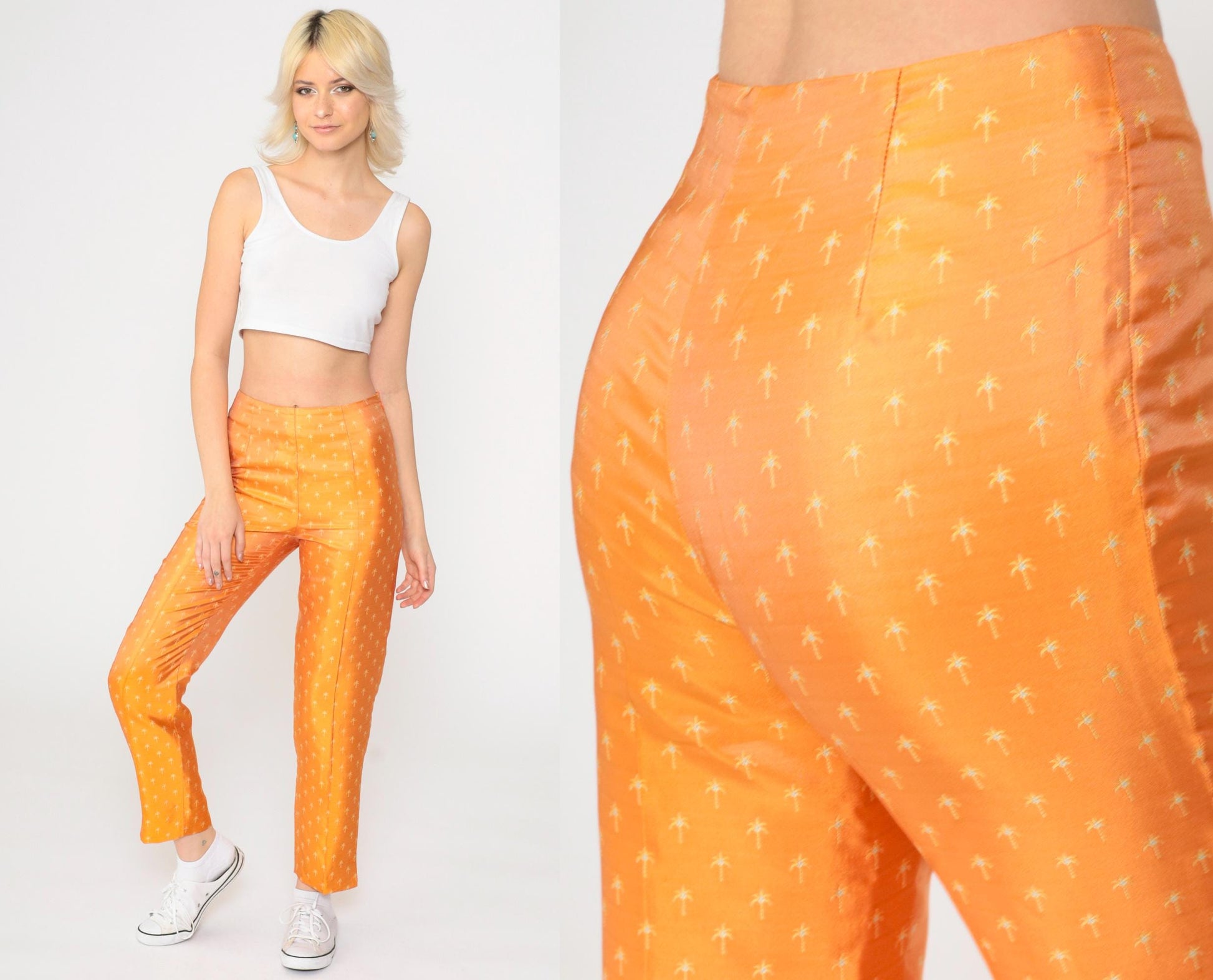 Biella Collezioni Silk Pants Orange Palm Tree Print High Waist Italy Extra Small XS