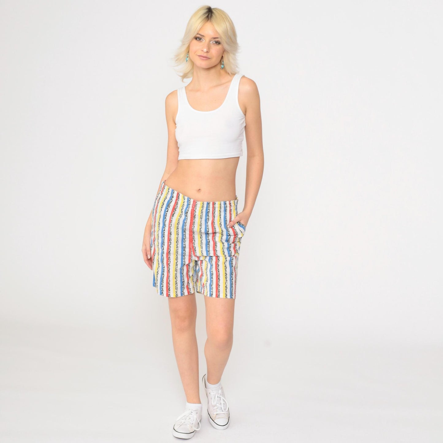 90s Striped Shorts Red Yellow White Elastic Waist Cotton Blend Small