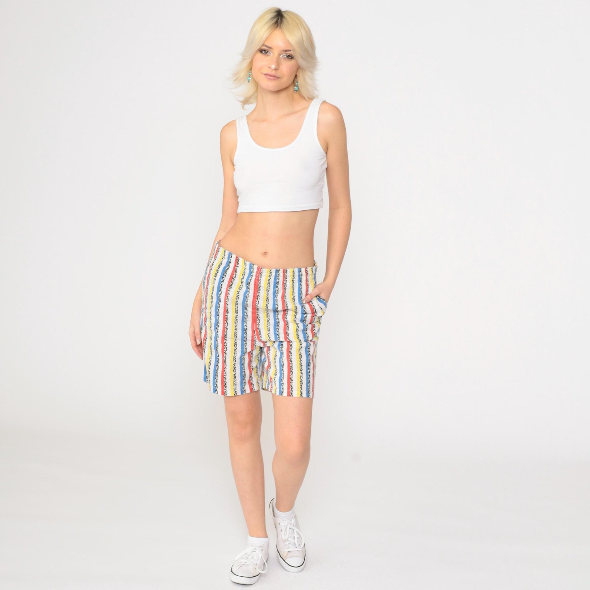 90s Striped Shorts Red Yellow White Elastic Waist Cotton Blend Small