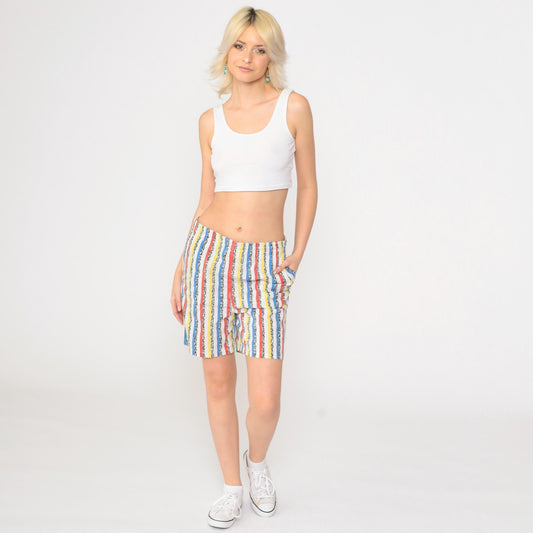 90s Striped Shorts Red Yellow White Elastic Waist Cotton Blend Small