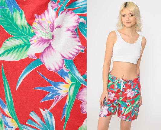 90s Tropical Floral Shorts Red Hawaiian High Drawstring Waist Small Medium