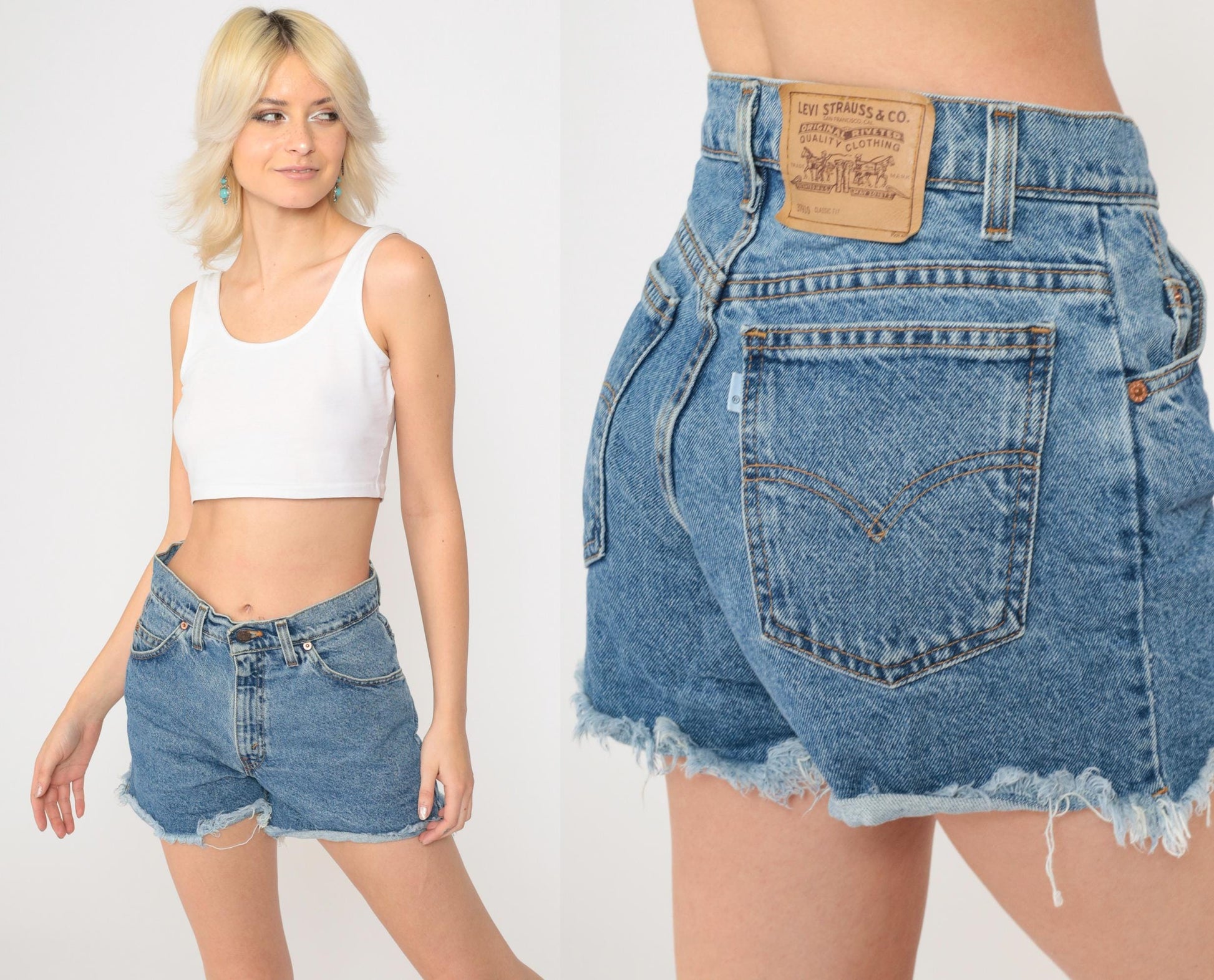 90s Levi's 910 Denim Cut-Off Shorts Blue Frayed Hem Small