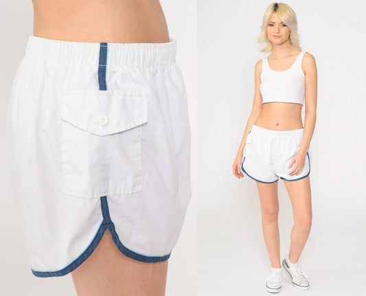 80s Kings Road Swim Shorts White Ringer Trim High Waist Elastic Waist Large