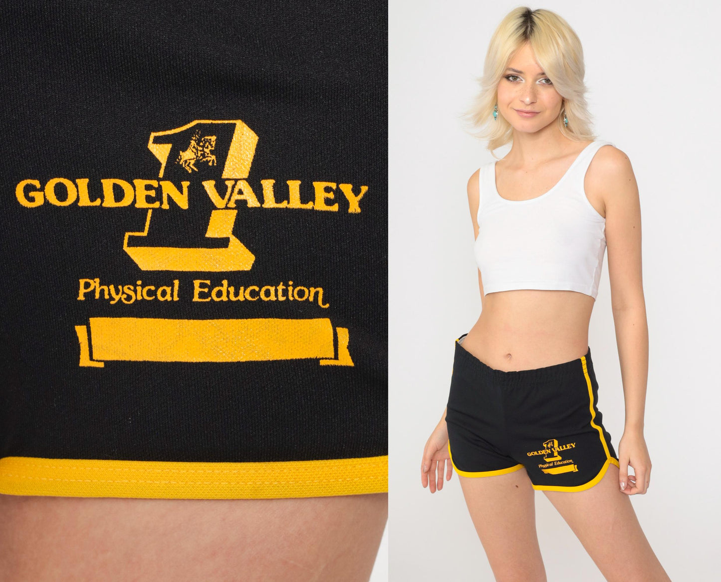 80s Champion Golden Valley PE Black Shorts Yellow Ringer Trim Small S