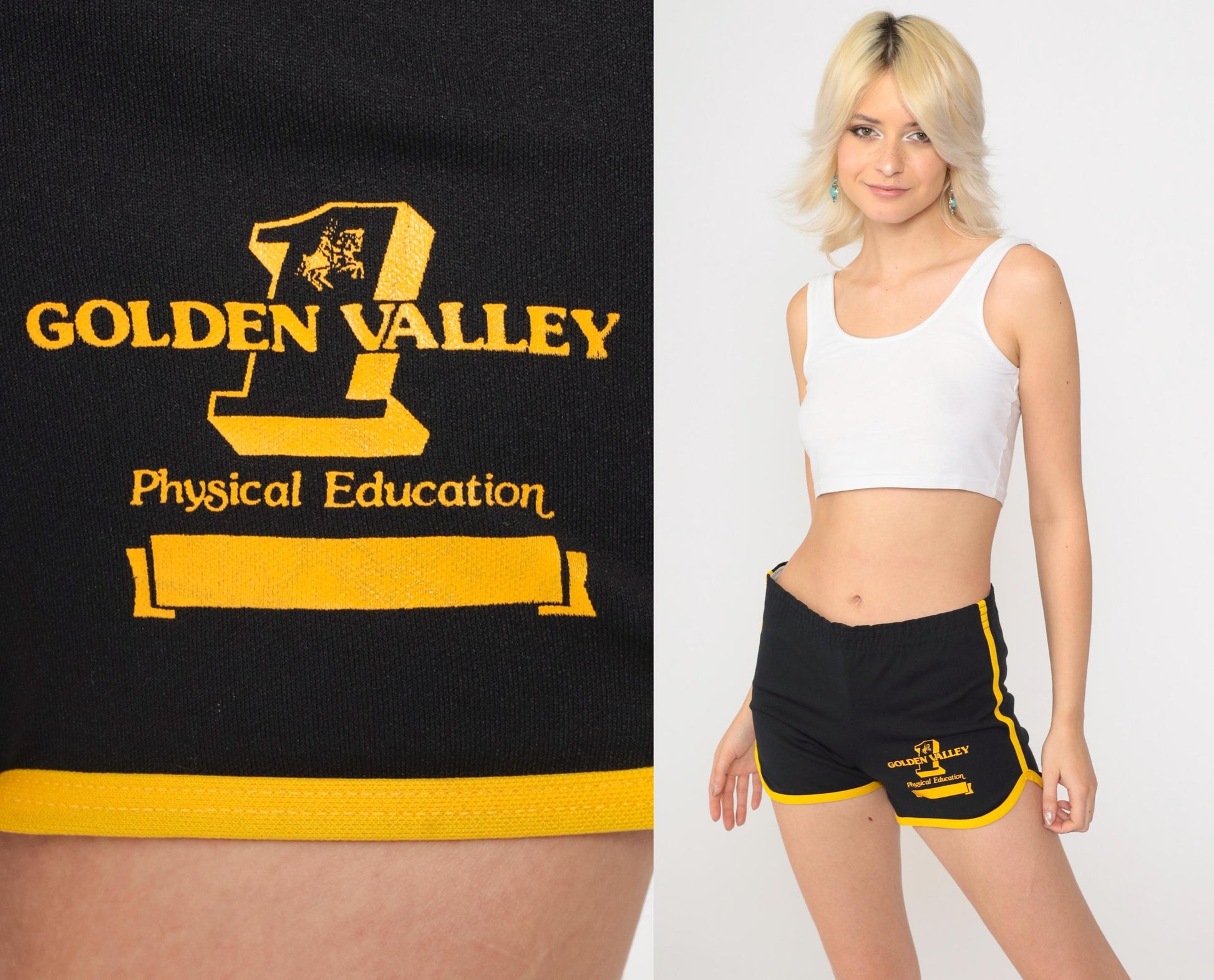 80s Champion Golden Valley PE Black Shorts Yellow Ringer Trim Small S