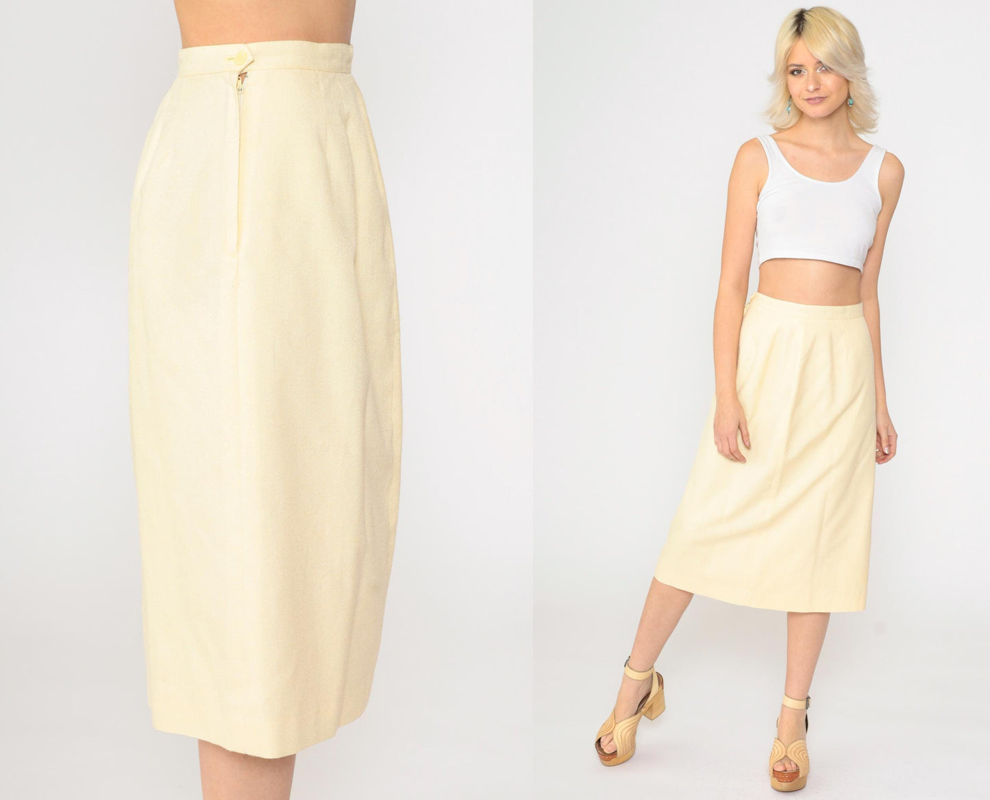 90s Light Yellow Midi Pencil Skirt High Waist Extra Small